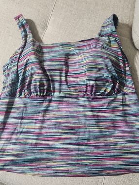 Lands' End Bright Multicolor Striped Swim Top with Pink Trim